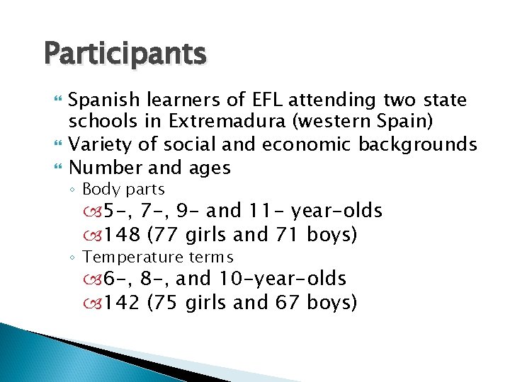 Participants Spanish learners of EFL attending two state schools in Extremadura (western Spain) Variety