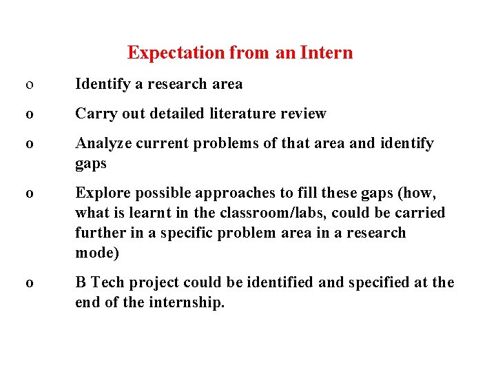 Expectation from an Intern o Identify a research area o Carry out detailed literature