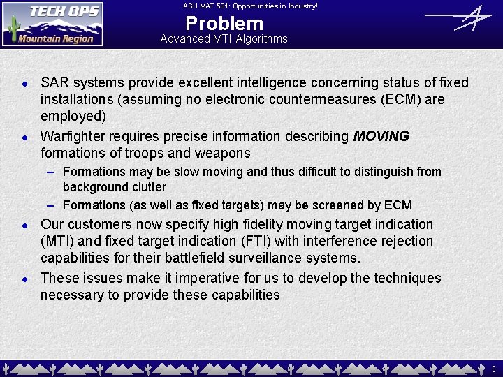 ASU MAT 591: Opportunities in Industry! Problem Advanced MTI Algorithms l l SAR systems