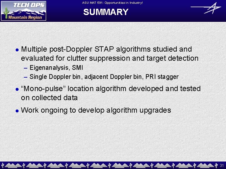 ASU MAT 591: Opportunities in Industry! SUMMARY l Multiple post-Doppler STAP algorithms studied and