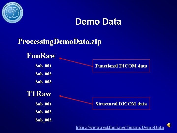 Demo Data Processing. Demo. Data. zip Fun. Raw Sub_001 Functional DICOM data Sub_002 Sub_003