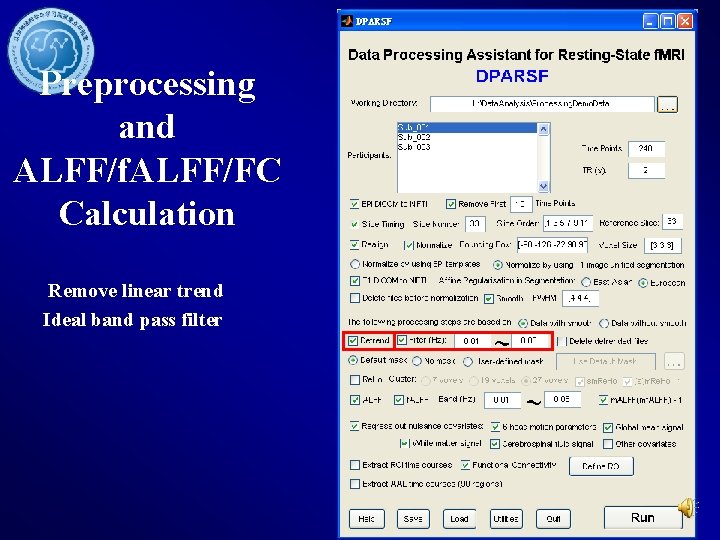 Preprocessing and ALFF/f. ALFF/FC Calculation Remove linear trend Ideal band pass filter 