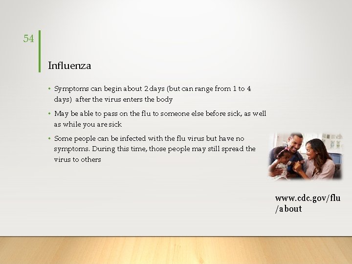 54 Influenza • Symptoms can begin about 2 days (but can range from 1