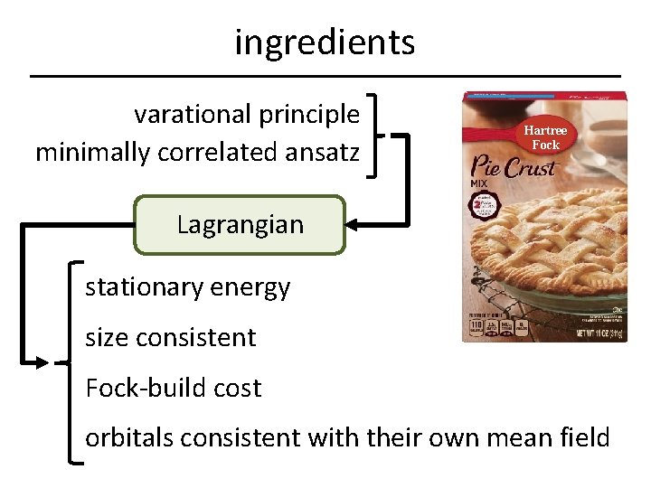 ingredients varational principle minimally correlated ansatz Hartree Fock Lagrangian stationary energy size consistent Fock-build