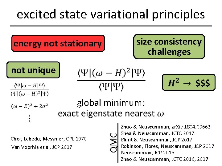excited state variational principles size consistency challenges energy not stationary not unique global minimum: