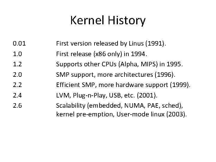 Kernel History 0. 01 1. 0 1. 2 2. 0 2. 2 2. 4