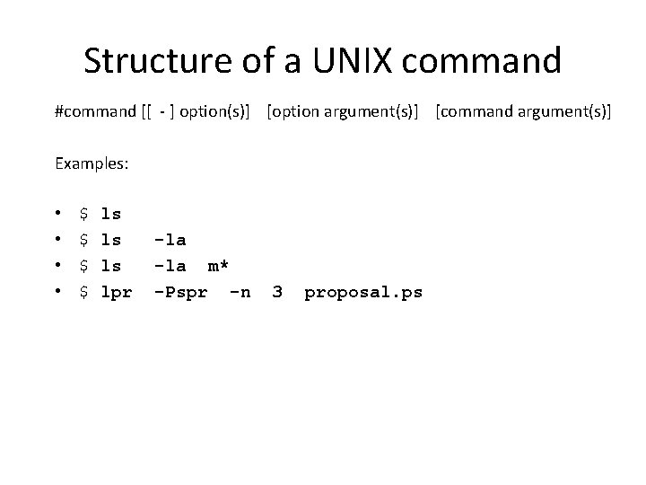Structure of a UNIX command #command [[ - ] option(s)] [option argument(s)] [command argument(s)]