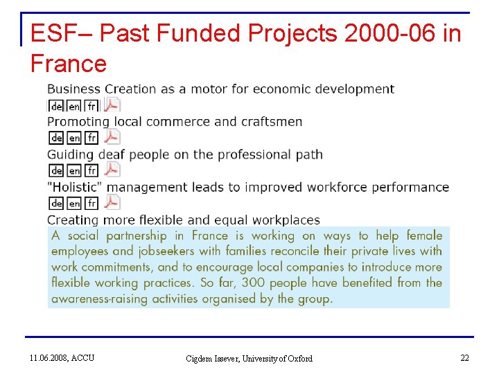 ESF– Past Funded Projects 2000 -06 in France 11. 06. 2008, ACCU Cigdem Issever, ESF– Past Funded Projects 2000 -06 in France 11. 06. 2008, ACCU Cigdem Issever,