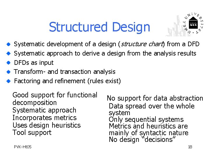 Structured Design Systematic development of a design (structure chart) from a DFD Systematic approach