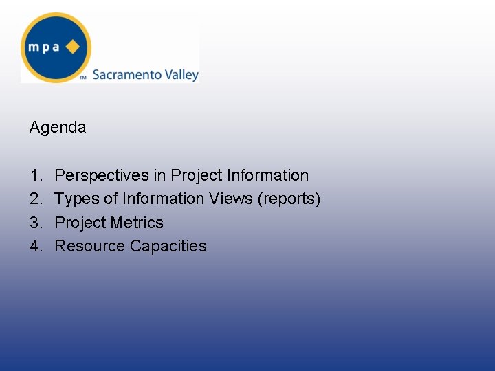 Agenda 1. 2. 3. 4. Perspectives in Project Information Types of Information Views (reports)