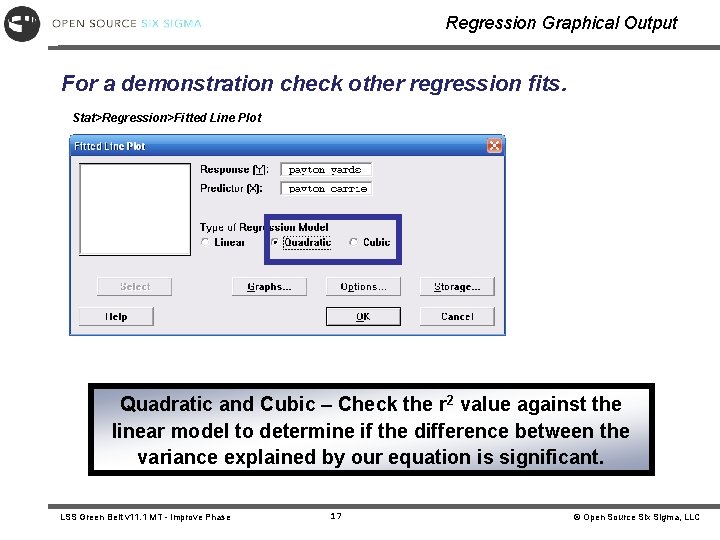 Regression Graphical Output For a demonstration check other regression fits. Stat>Regression>Fitted Line Plot Quadratic