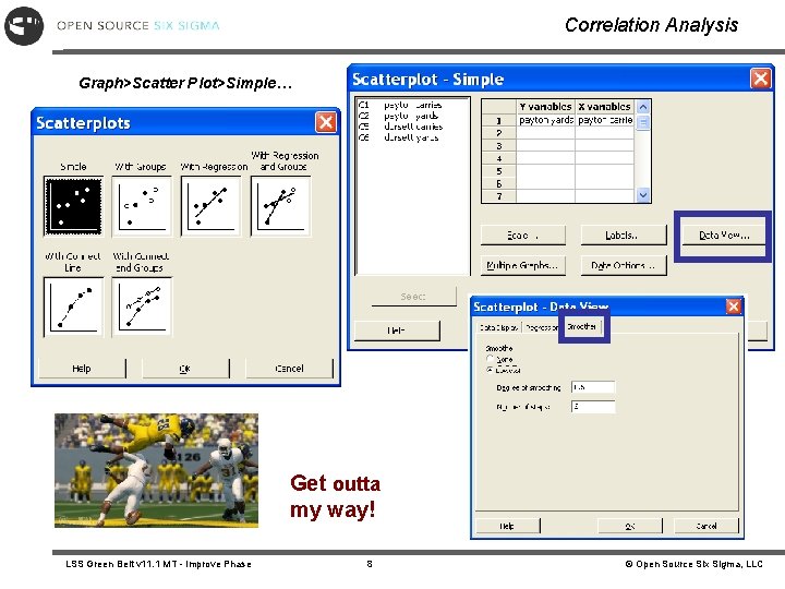 Correlation Analysis Graph>Scatter Plot>Simple… Get outta my way! LSS Green Belt v 11. 1