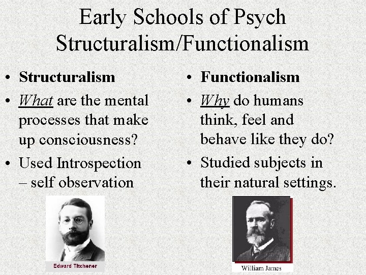 Early Schools of Psych Structuralism/Functionalism • Structuralism • What are the mental processes that