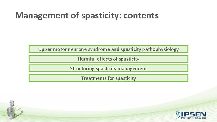 Management of spasticity: contents Upper motor neurone syndrome and spasticity pathophysiology Harmful effects of