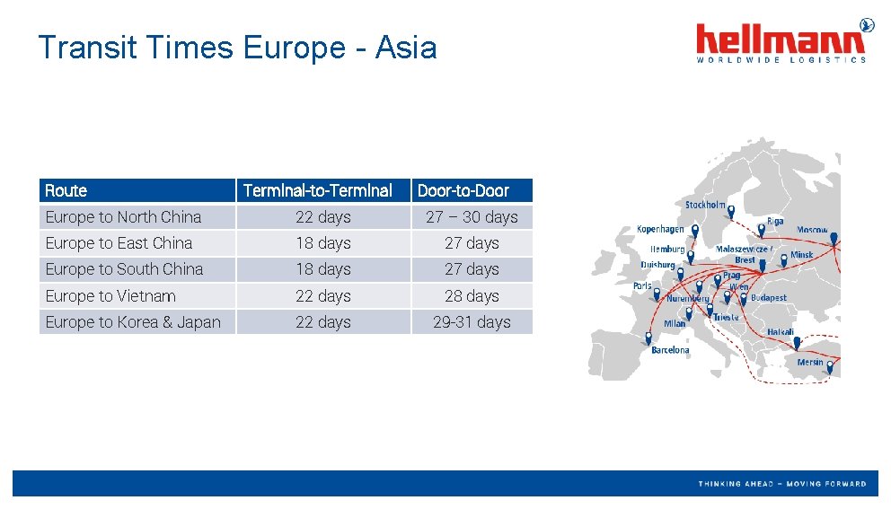 Transit Times Europe - Asia Route Terminal-to-Terminal Door-to-Door Europe to North China 22 days