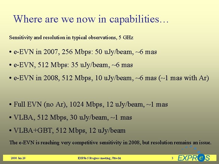 Where are we now in capabilities… Sensitivity and resolution in typical observations, 5 GHz