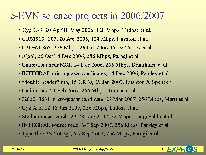 e-EVN science projects in 2006/2007 • Cyg X-3, 20 Apr/18 May 2006, 128 Mbps,