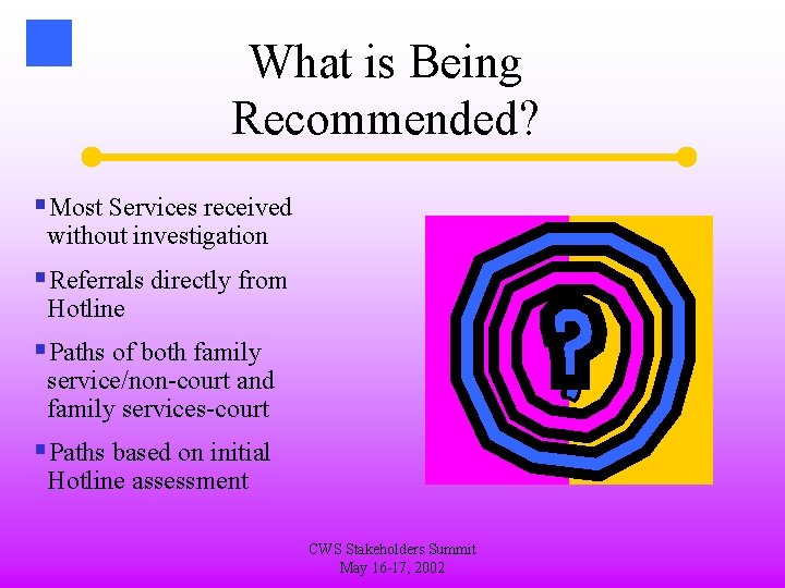 What is Being Recommended? §Most Services received without investigation §Referrals directly from Hotline §Paths