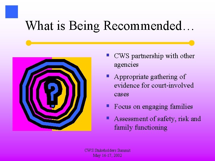 What is Being Recommended… § CWS partnership with other agencies § Appropriate gathering of