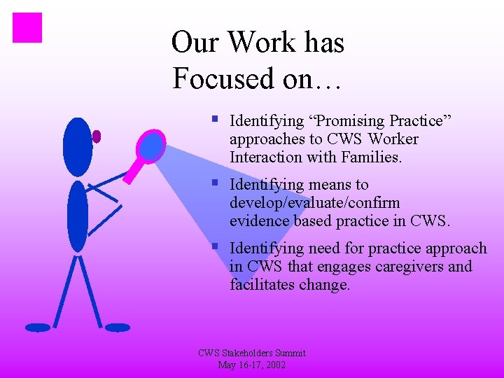 Our Work has Focused on… § Identifying “Promising Practice” approaches to CWS Worker Interaction