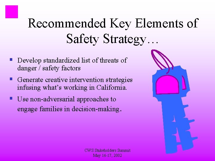 Recommended Key Elements of Safety Strategy… § Develop standardized list of threats of danger