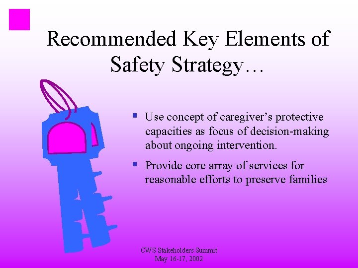 Recommended Key Elements of Safety Strategy… § Use concept of caregiver’s protective capacities as