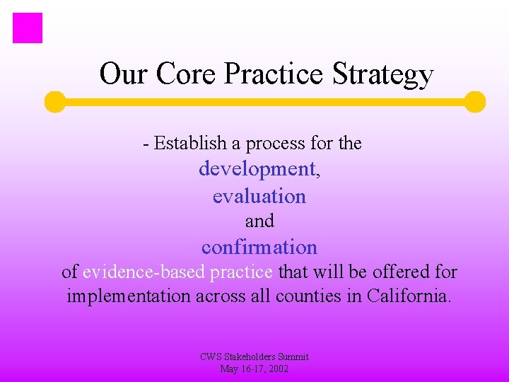 Our Core Practice Strategy - Establish a process for the development, evaluation and confirmation