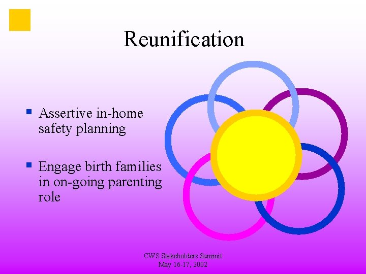 Reunification § Assertive in-home safety planning § Engage birth families in on-going parenting role