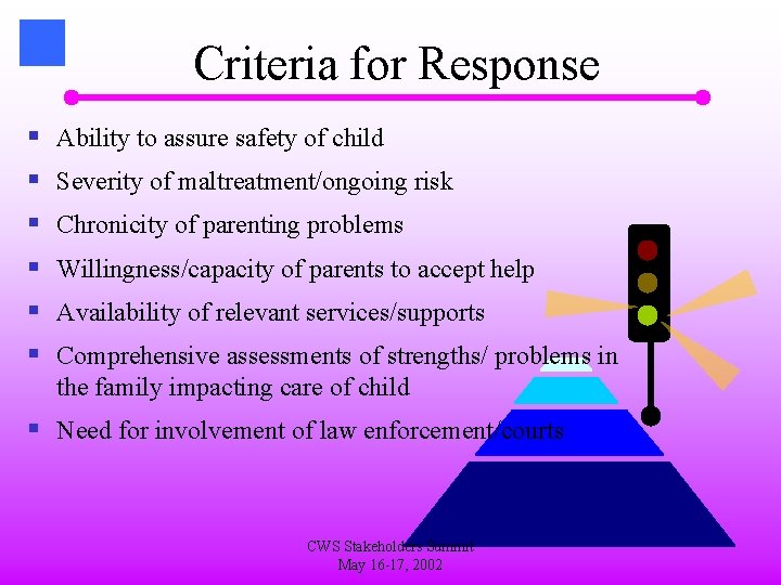 Criteria for Response § § § Ability to assure safety of child Severity of