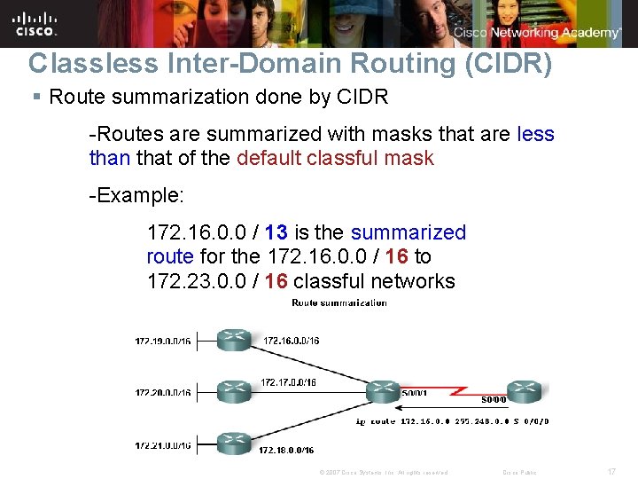 Classless Inter-Domain Routing (CIDR) § Route summarization done by CIDR -Routes are summarized with