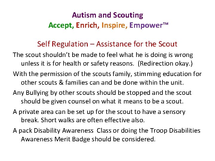 Autism and Scouting Accept, Enrich, Inspire, Empower™ Self Regulation – Assistance for the Scout