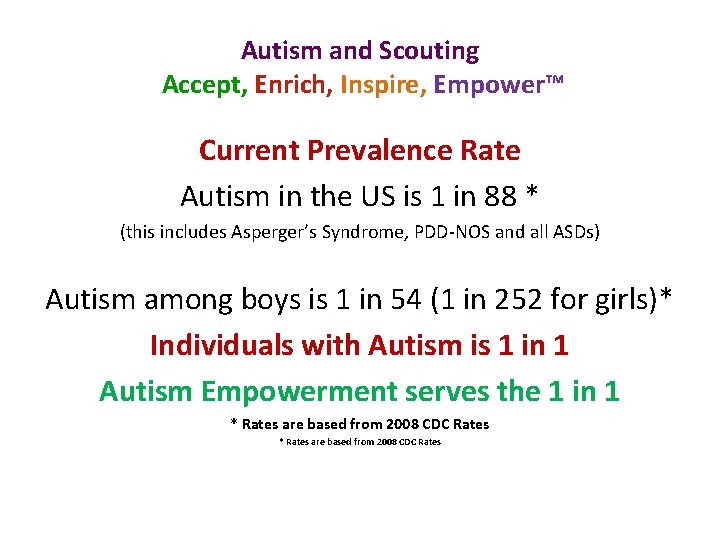Autism and Scouting Accept, Enrich, Inspire, Empower™ Current Prevalence Rate Autism in the US