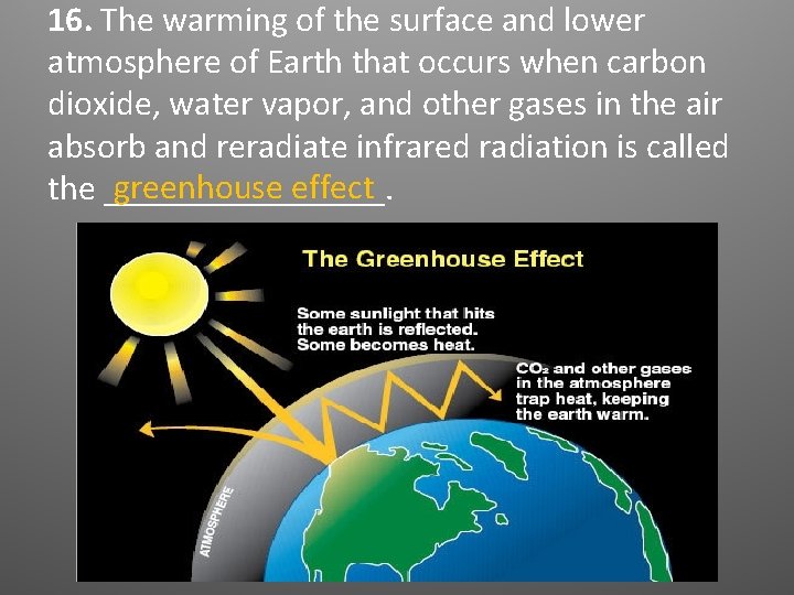 16. The warming of the surface and lower atmosphere of Earth that occurs when 16. The warming of the surface and lower atmosphere of Earth that occurs when