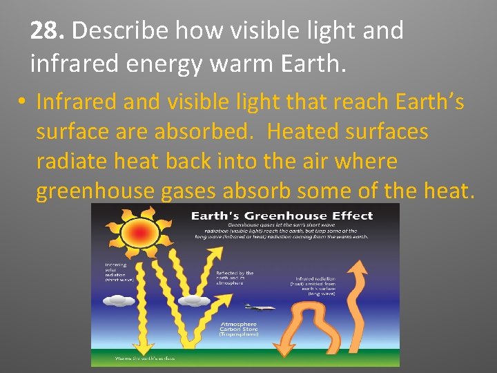 28. Describe how visible light and infrared energy warm Earth. • Infrared and visible 28. Describe how visible light and infrared energy warm Earth. • Infrared and visible