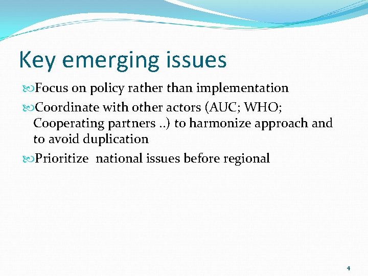 Key emerging issues Focus on policy rather than implementation Coordinate with other actors (AUC;