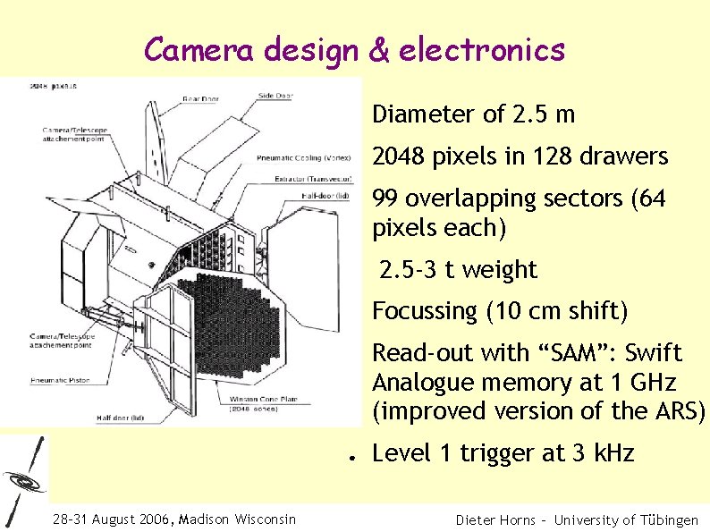 Camera design & electronics ● Diameter of 2. 5 m ● 2048 pixels in