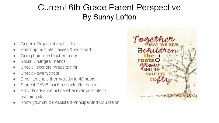 Current 6 th Grade Parent Perspective By Sunny Lofton ● ● ● ● ●