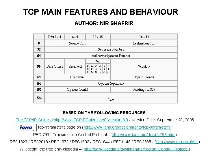 TCP MAIN FEATURES AND BEHAVIOUR AUTHOR: NIR SHAFRIR + Bits 0 - 3 4