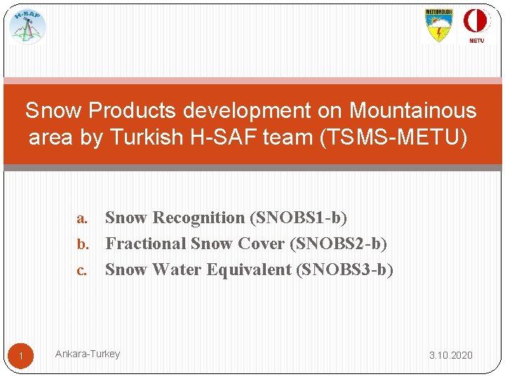 Snow Products development on Mountainous area by Turkish H-SAF team (TSMS-METU) Snow Recognition (SNOBS