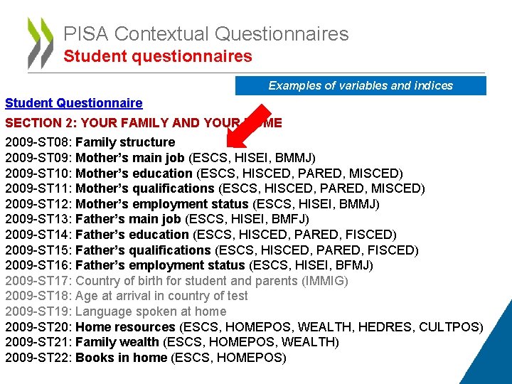 PISA Contextual Questionnaires Student questionnaires Examples of variables and indices Student Questionnaire SECTION 2: