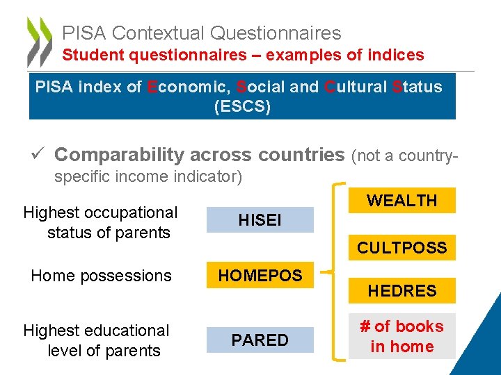 PISA Contextual Questionnaires Student questionnaires – examples of indices PISA index of Economic, Social
