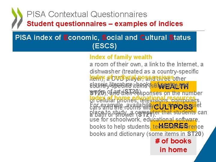 PISA Contextual Questionnaires Student questionnaires – examples of indices PISA index of Economic, Social