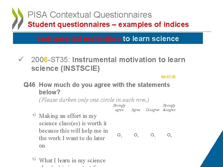 PISA Contextual Questionnaires Student questionnaires – examples of indices Instrumental motivation to learn science