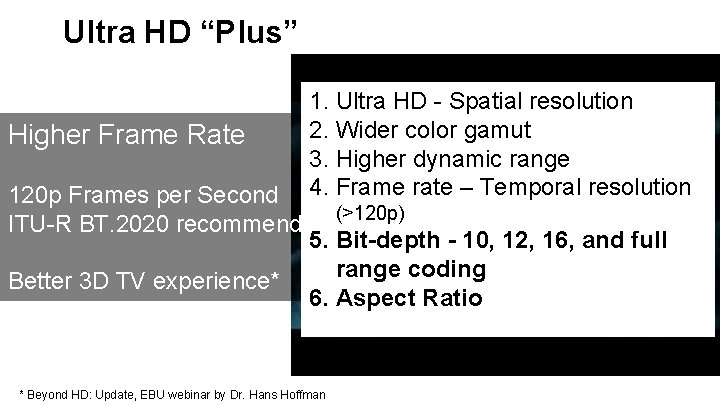 Ultra HD “Plus” 1. Ultra HD - Spatial resolution 2. Wider color gamut Higher