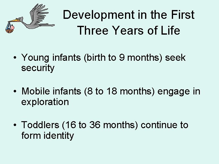 Development in the First Three Years of Life • Young infants (birth to 9