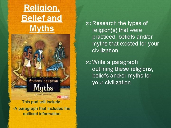 Religion, Belief and Myths Research the types of religion(s) that were practiced, beliefs and/or Religion, Belief and Myths Research the types of religion(s) that were practiced, beliefs and/or