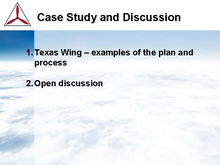 Case Study and Discussion 1. Texas Wing – examples of the plan and process