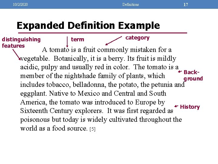 10/2/2020 Definitions 17 Expanded Definition Example distinguishing features term category A tomato is a