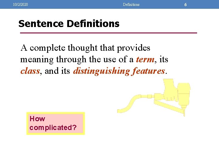 10/2/2020 Definitions Sentence Definitions A complete thought that provides meaning through the use of