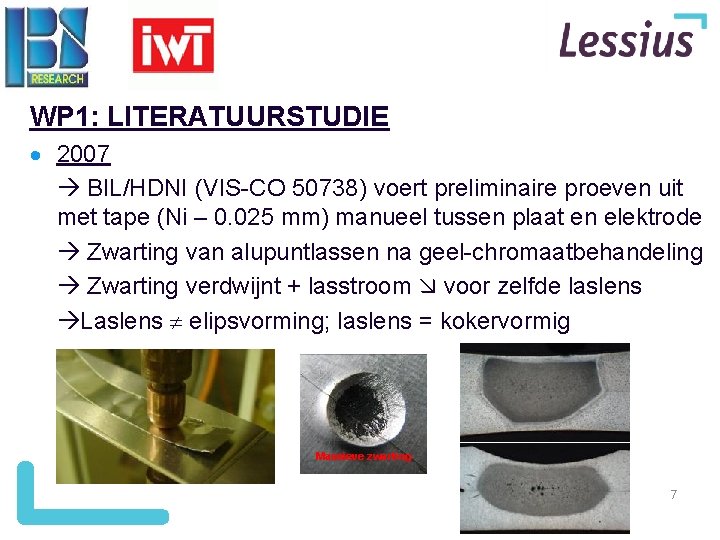 WP 1: LITERATUURSTUDIE 2007 BIL/HDNI (VIS-CO 50738) voert preliminaire proeven uit met tape (Ni